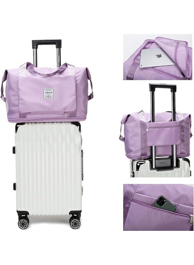 A multi-purpose bag that folds easily, features a front pocket and a top zipper, and can be attached to the handle of a suitcase. This bag is specially designed to combine style, comfort, and practicality. Available in mauve. - Image 5