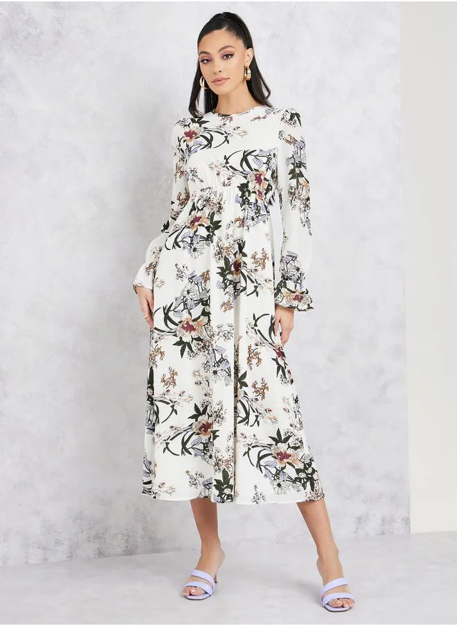 Styli Floral Print A-Line Midi Dress