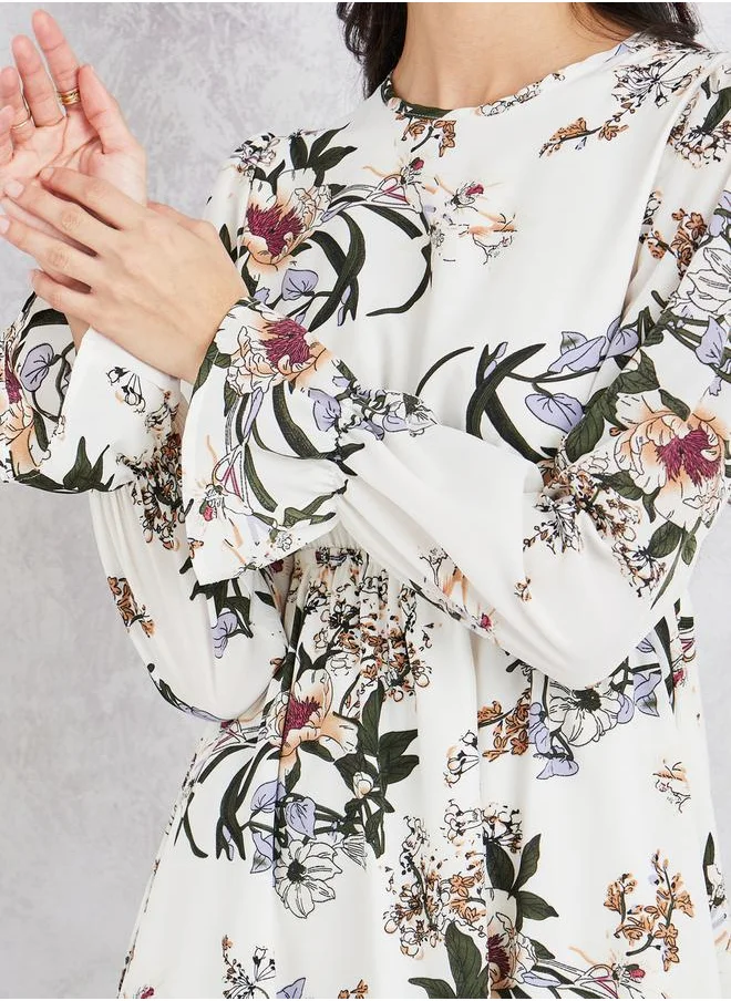 Styli Floral Print A-Line Midi Dress