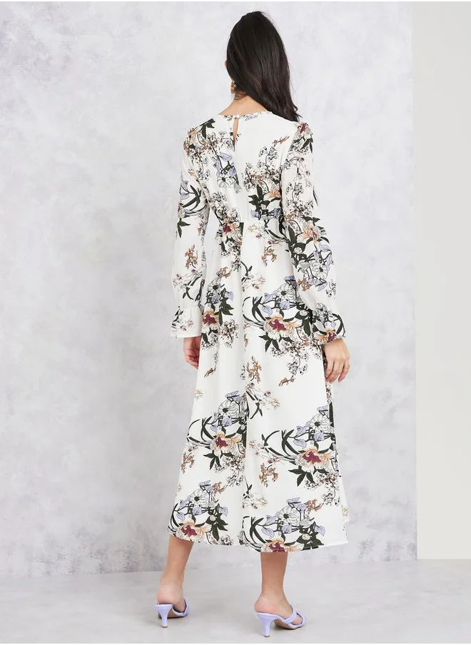 Styli Floral Print A-Line Midi Dress
