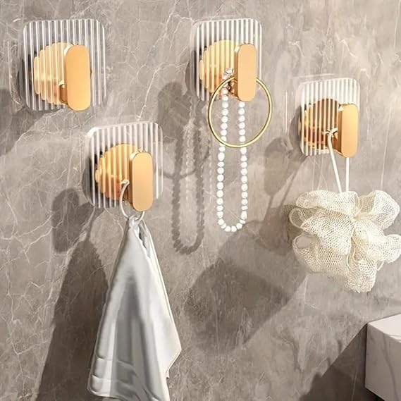 JBM ENTERPRISE Premium Transparent Wall Hooks with Gold Finish | No Drill Self Adhesive Wall Hooks for Hanging | Waterproof & Strong Hold Wall Hooks for Bathroom, Kitchen, Office & Bedroom Pack of 4 - Image 4