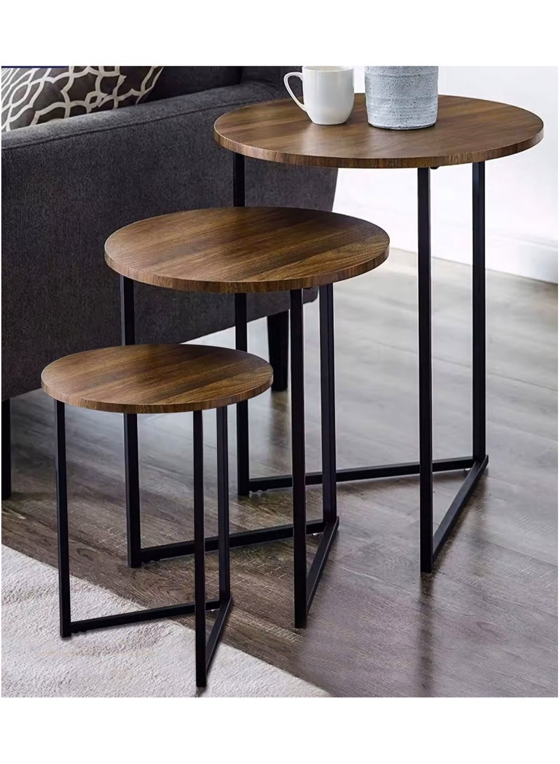 3 Pieces Round Nesting Side Table Set Minimalist Coffee Tables Wood Top Accent Tables Industrial End Tables For Home Office Living Room Hall And Small Spaces Sofa Centre Teapoy Table Dark Walnut