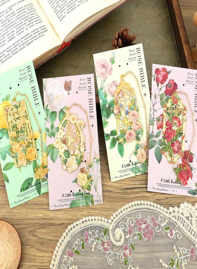 Aromoty مجموعة أروموتي من 4 قطع من فواصل الكتب المعدنية المزينة بالزهور مع قلادة، فواصل كتب مجوفة بتصميم فريد ولطيف على شكل زهور وفراشات، هدايا عيد الميلاد للنساء والفتيات القارئات والمعلمات ومحبي الكتب - Image 3