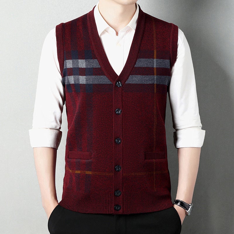 Autumn and Winter New Mens Business Casual V-neck Warm Knitted Shoulder Mens Slim-fit Striped Cardigan Sweater Vest black gray - Image 2