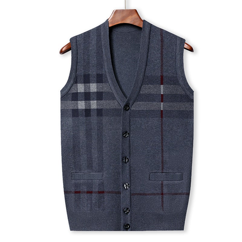 Autumn and Winter New Mens Business Casual V-neck Warm Knitted Shoulder Mens Slim-fit Striped Cardigan Sweater Vest black gray - Image 5