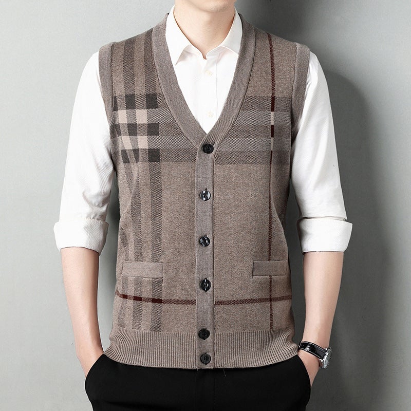 Autumn and Winter New Mens Business Casual V-neck Warm Knitted Shoulder Mens Slim-fit Striped Cardigan Sweater Vest black gray - Image 3