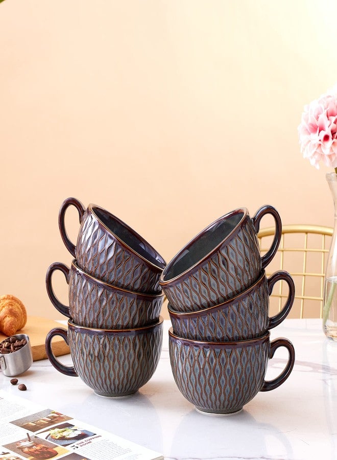 Coffeezone Set of 6 Vintage Design 12 oz Professional Barista Ceramic Latte Art Cappuccino Cups Set (Embossed Grey * 6) - Image 5