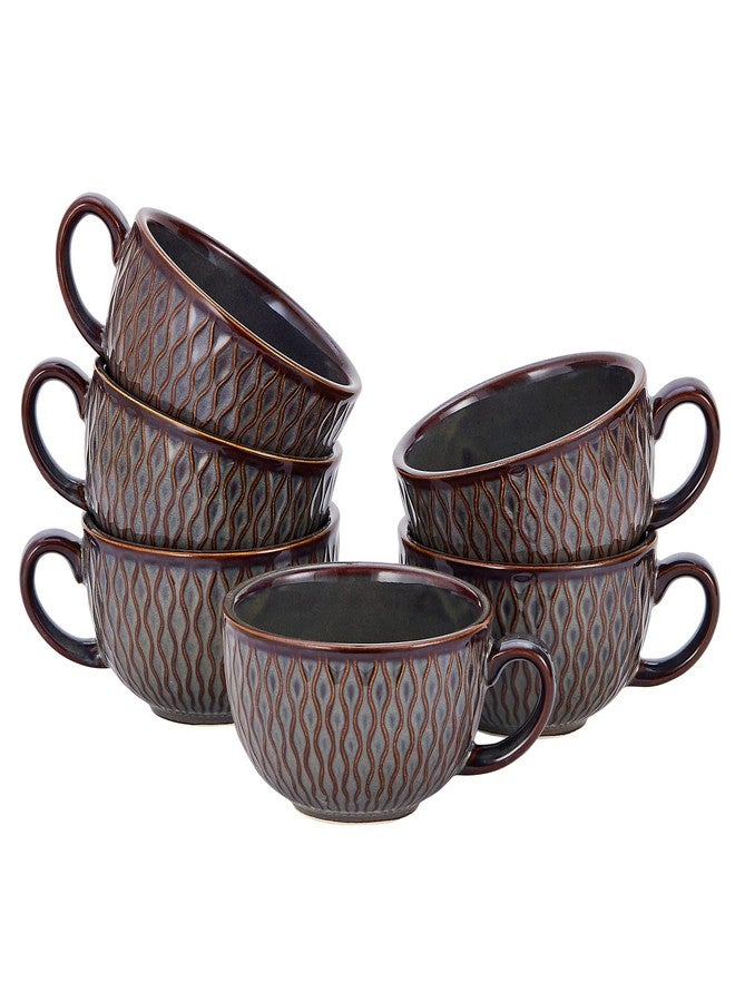 Coffeezone Set of 6 Vintage Design 12 oz Professional Barista Ceramic Latte Art Cappuccino Cups Set (Embossed Grey * 6) - Image 1