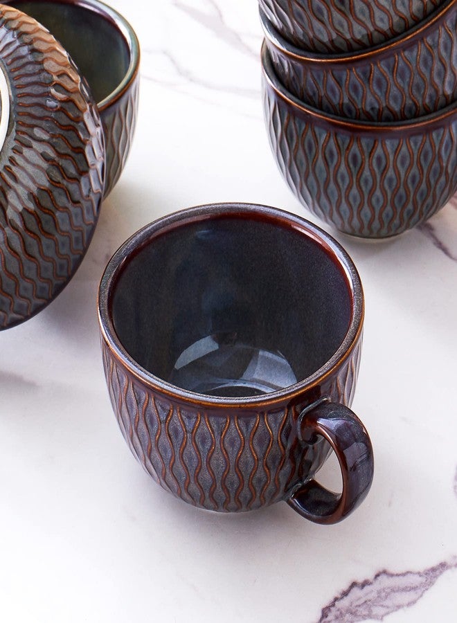Coffeezone Set of 6 Vintage Design 12 oz Professional Barista Ceramic Latte Art Cappuccino Cups Set (Embossed Grey * 6) - Image 4