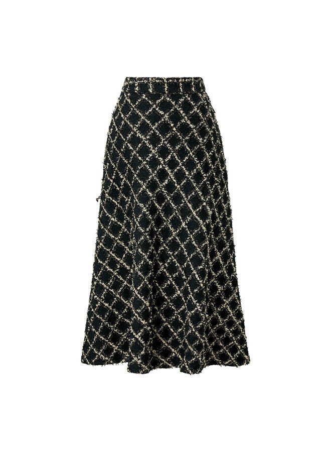 Yanyee Black Plaid Mid-length Skirt For Women Winter Warm Loose Flared Skirt Black XL - Image 3