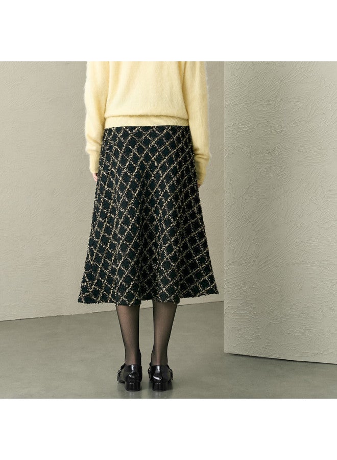 Yanyee Black Plaid Mid-length Skirt For Women Winter Warm Loose Flared Skirt Black XL - Image 2