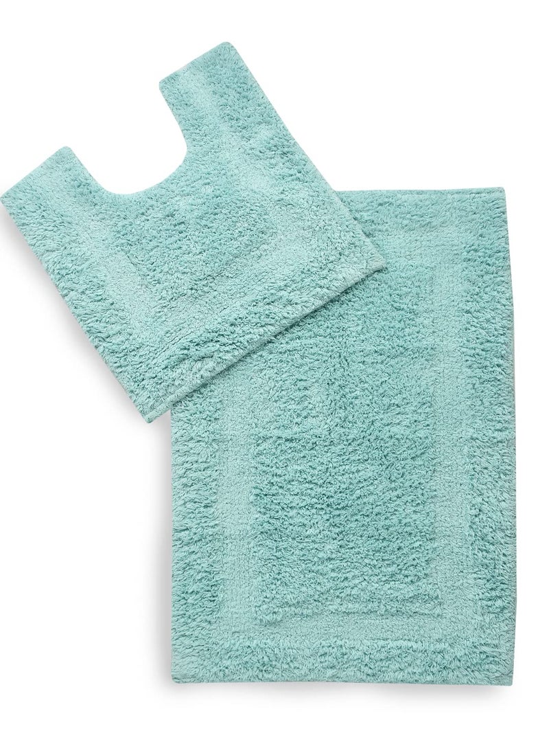 SASHAA WORLD Solid Anti-Skid Cotton Bathmat and Contour Set for Bathroom, Ultra Soft & Absorbent, Tufted Weave, Anti-Slip Latex Backing, Includes Contour & Rectangle Mat, 50X80cm, Ice Blue Pack of 2 - Image 1