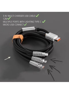 XIPH Fast Charging Cable 6A 120W, 3-in-1 USB Cable (Type C, Micro-USB, Lightning) for iPhone, iPad, Samsung – 1.2 Meter, Black  - Image 3