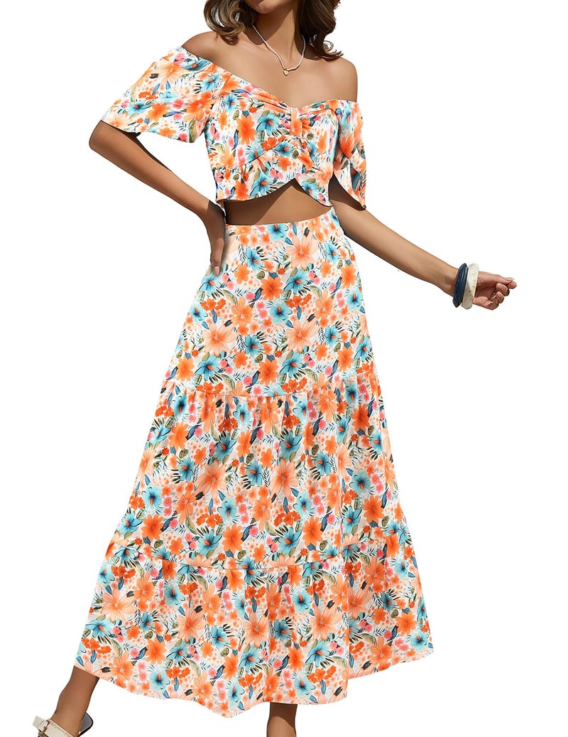 DRESSTELLS Women's 2 Piece Outfits, Floral Top Skirts Set, Spring Easter Dresses, Maxi Summer Tropical Boho Vacation Beach Suits 2026 Orange Blue Flower S - Image 1
