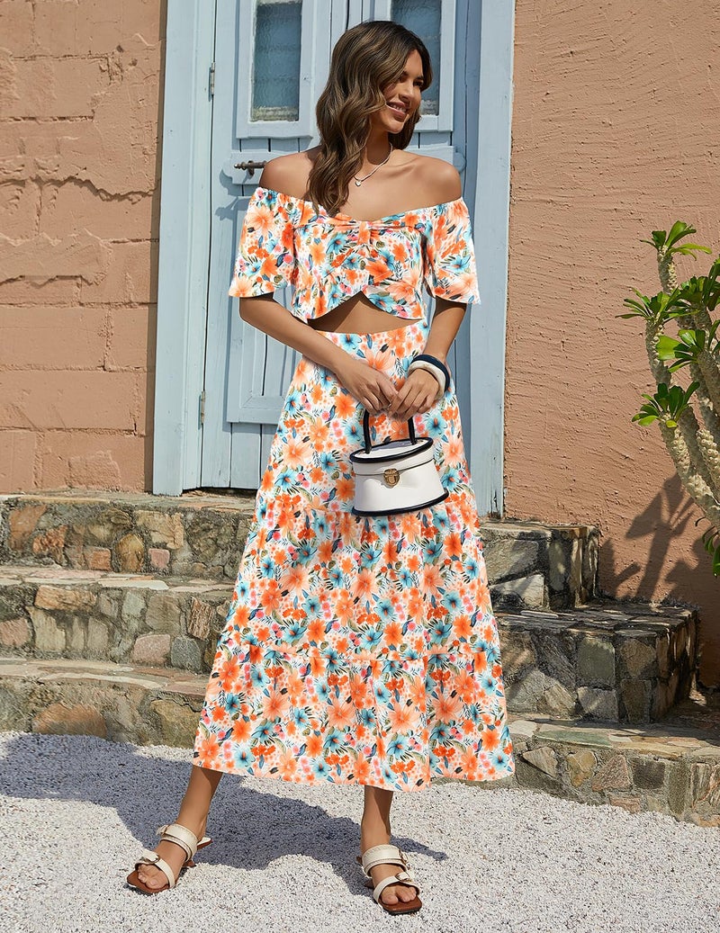 DRESSTELLS Women's 2 Piece Outfits, Floral Top Skirts Set, Spring Easter Dresses, Maxi Summer Tropical Boho Vacation Beach Suits 2026 Orange Blue Flower S - Image 3