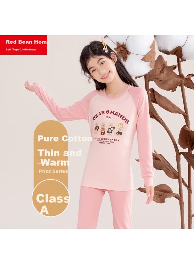 Hodohome Children's Autumn Underwear Set For Girls, Class A Pure Cotton Thin Round Neck Printed Thermal Underwear Set, 120 Peach Pink, 130