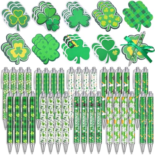 Zenoble 108Pcs St. Patrick's Day Pens and Sticky Notes Bulk Green Shamrock Sticky Note with Ribbons Coworkers Gifts for St. Patrick's Day Stationary Office Classroom Party Favors - Image 1