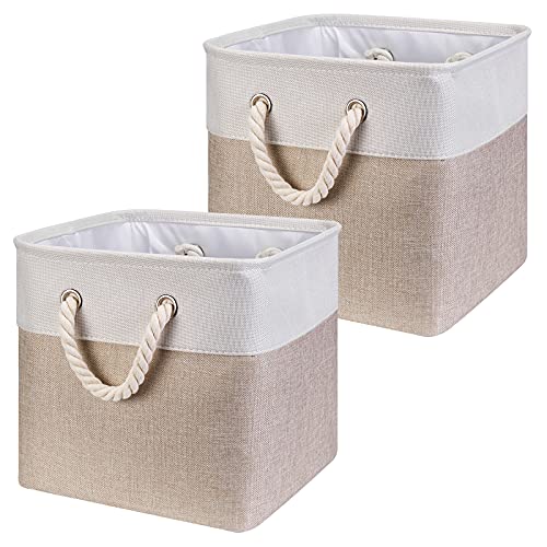 HSDT Fabric Cube Storage Bins 13x13x12.5 Inch Light-Brown Cube Storage Boxes Collapsible Large Cloth Organizer Baskets with Cotton Rops Handles for Storage Cubbies or Closet Shelf ,QY-SC26-2 - Image 1