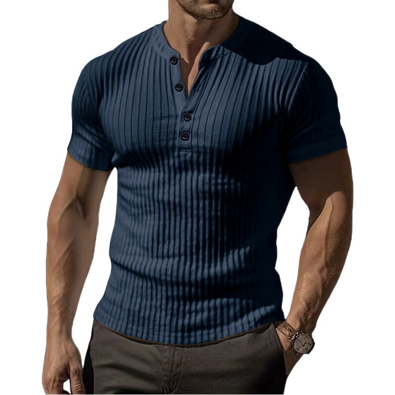 ورياضة Slim Fit العضلات الرجال قصيرة الأكمام تي شيرت التجارة الخارجية اللياقة البدنية موضوع مرن ضيق لون صلب هنري - Image 2