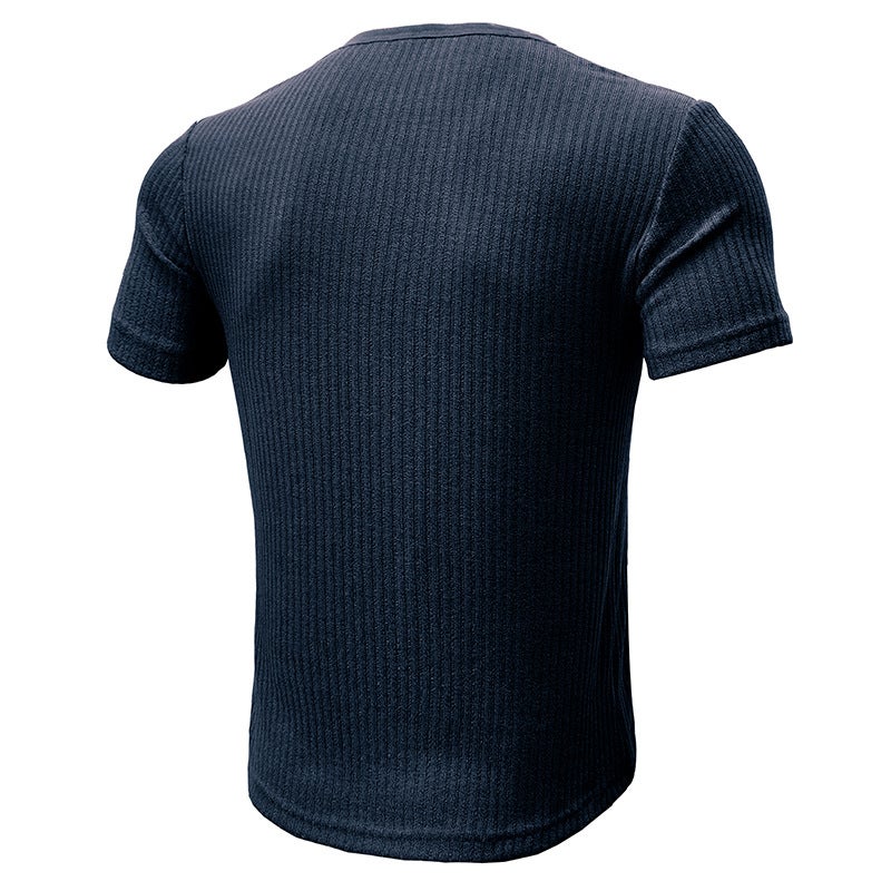 ورياضة Slim Fit العضلات الرجال قصيرة الأكمام تي شيرت التجارة الخارجية اللياقة البدنية موضوع مرن ضيق لون صلب هنري - Image 5