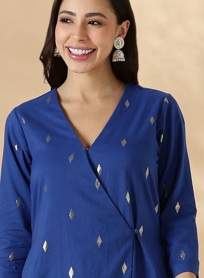 Abhishti Blue Overlap Lurex Kurta with Straight Pants