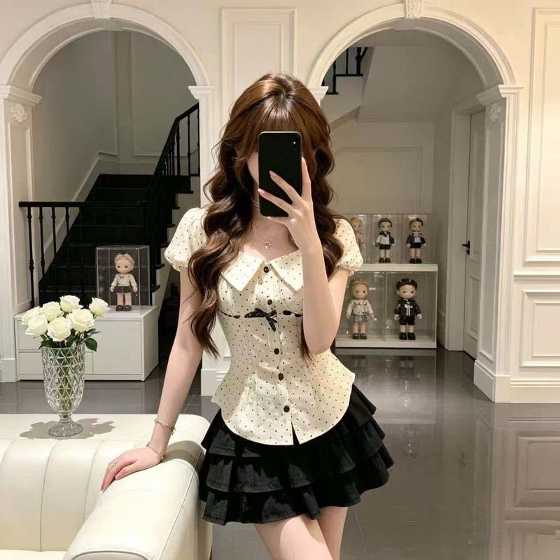 Sweet College Style Polka Dot Collar Short Sleeve Button Top and Black Skirt Set - Image 1