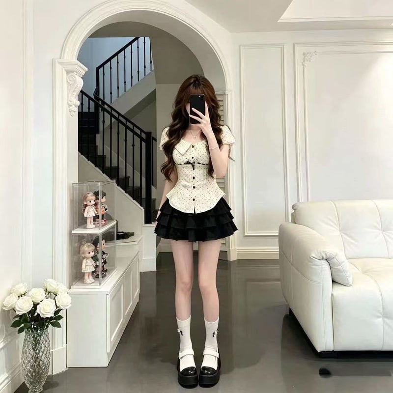 Sweet College Style Polka Dot Collar Short Sleeve Button Top and Black Skirt Set - Image 4