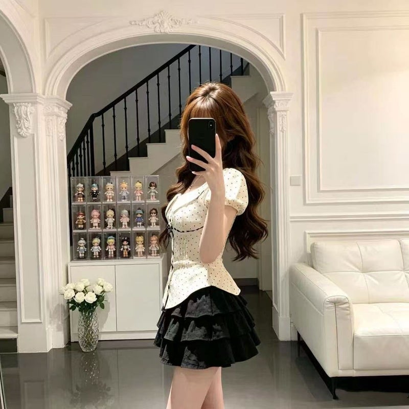 Sweet College Style Polka Dot Collar Short Sleeve Button Top and Black Skirt Set - Image 2