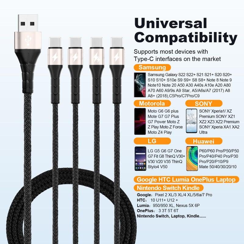 SIQIWO Multi USB C Cable Fast Charging, [4FT/2 Pack] QC 3.0(3A) USB C Splitter Cable, 4 in 1 Charger Cord with 4 Type C Ports, for iPhone 17/16/15 Series, iPad Air/Pro, Samsung Galaxy S25, Pixel, PS5 - Image 3