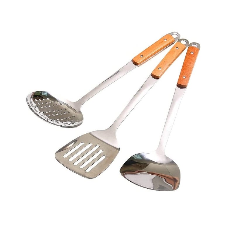 SHFTI UtensilsforCarbonSteelStainlessSteelWokSpatulaMetal3PiecesWokToolsProfessionalSetWoodenHandleSkimmerSlottedTurnerSet of 3 PCS - Image 1