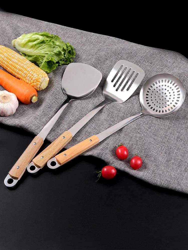 SHFTI UtensilsforCarbonSteelStainlessSteelWokSpatulaMetal3PiecesWokToolsProfessionalSetWoodenHandleSkimmerSlottedTurnerSet of 3 PCS - Image 2