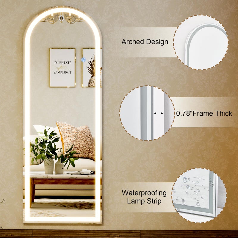 GLSLAND 20"x56" Arched LED Full Length Mirror with Lights â€“ Wall Mounted or Standing Full Body Mirror for Bedroom/Cloakroom â€“ Dimmable with 3 Color Lighting Modes - Image 5