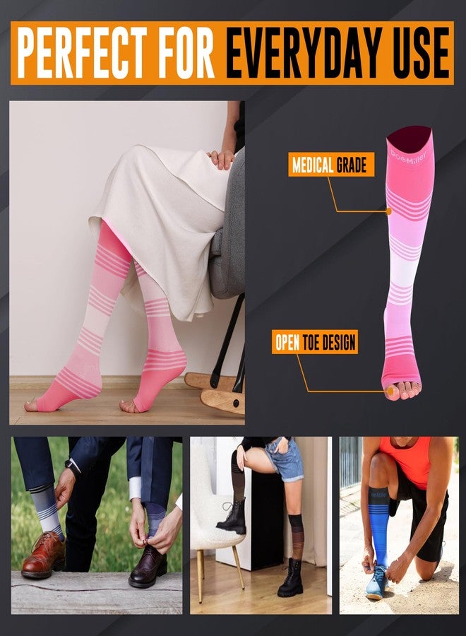Doc Miller Premium Open Toe Compression Socks Dress Series 1 Pair 20-30mmHg, Toeless Compression Socks Women, Open Toe Pinkpinkwhite, L - Image 2