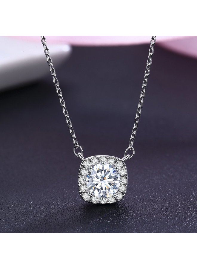 SBLING Platinum Plated AAAA Cubic Zirconia Cushion Shape Halo Pendant Necklace (1.90 cttw) - Image 2