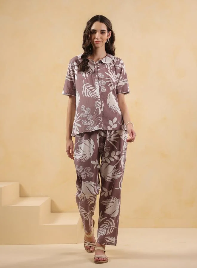 sanskrutihomes Purple Floral Cotton Shirt and Pyjama Set
