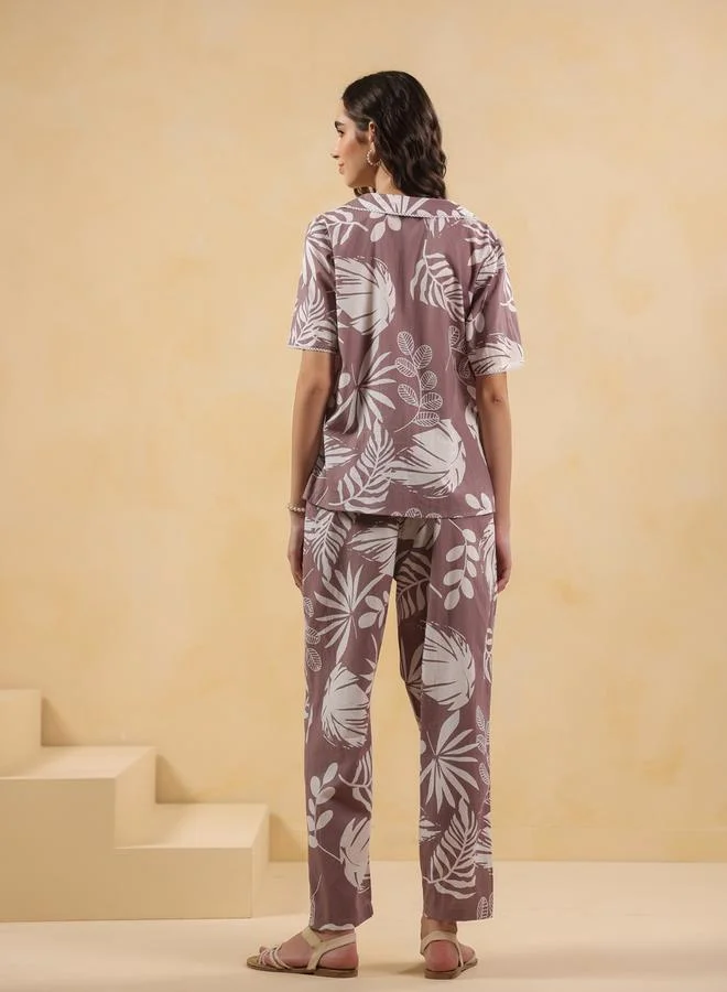 sanskrutihomes Purple Floral Cotton Shirt and Pyjama Set