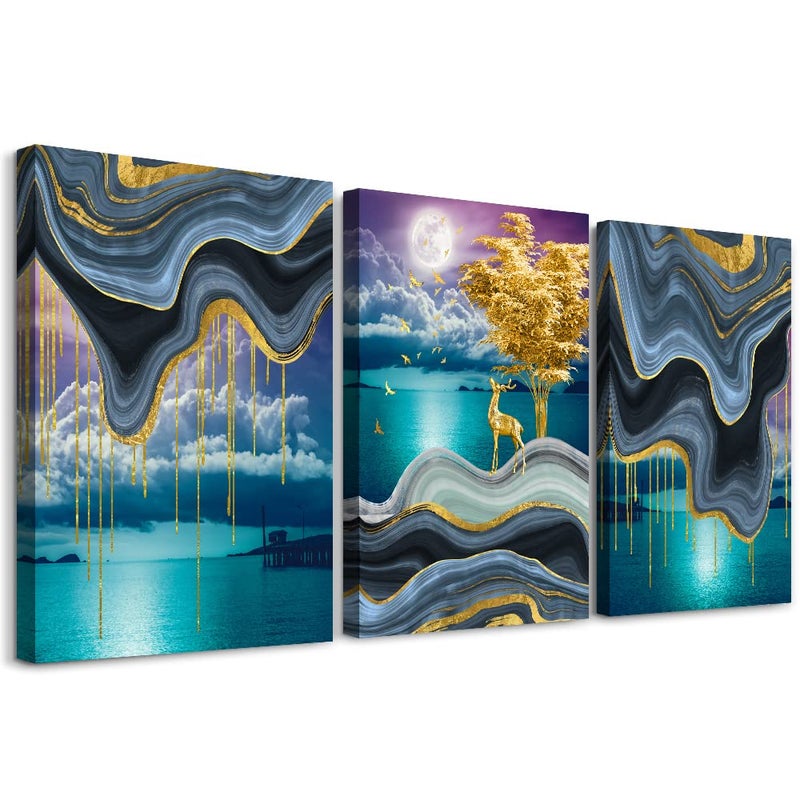 TTHYUEWS Canvas Wall Art For Living Room Wall Decor For Bedroom Kitchen Canvas Art Prints Artwork Modern Framed Room Home Decorations Blue Starry Sky Landscape Paintings Wolf Office Hang Pictures 3 Pieces - Image 1