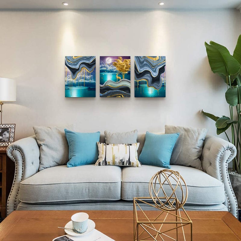 TTHYUEWS Canvas Wall Art For Living Room Wall Decor For Bedroom Kitchen Canvas Art Prints Artwork Modern Framed Room Home Decorations Blue Starry Sky Landscape Paintings Wolf Office Hang Pictures 3 Pieces - Image 2