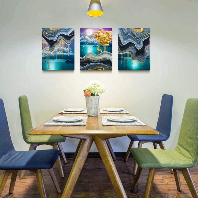 TTHYUEWS Canvas Wall Art For Living Room Wall Decor For Bedroom Kitchen Canvas Art Prints Artwork Modern Framed Room Home Decorations Blue Starry Sky Landscape Paintings Wolf Office Hang Pictures 3 Pieces - Image 5