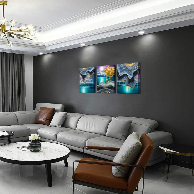 TTHYUEWS Canvas Wall Art For Living Room Wall Decor For Bedroom Kitchen Canvas Art Prints Artwork Modern Framed Room Home Decorations Blue Starry Sky Landscape Paintings Wolf Office Hang Pictures 3 Pieces - Image 3