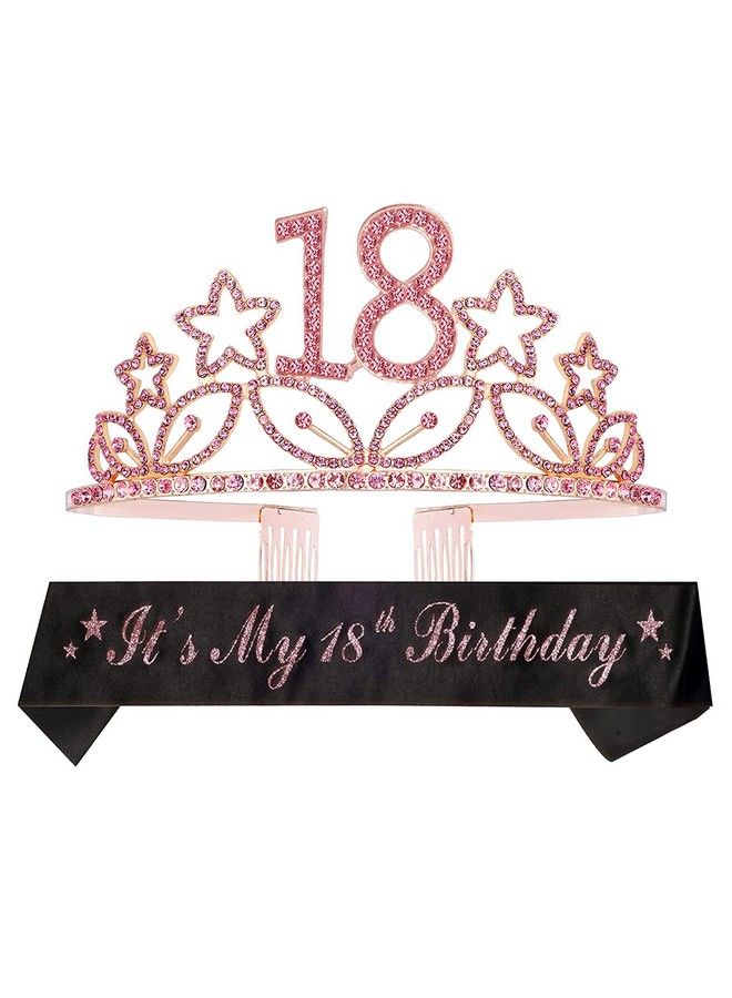 MEANT2TOBE 18Th Birthday Sash And Tiara For Women Fabulous Set: Glitter Sash + Stars Rhinestone Pink Premium Metal Tiara, 18Th Birthday Gifts For Women Party - Image 2