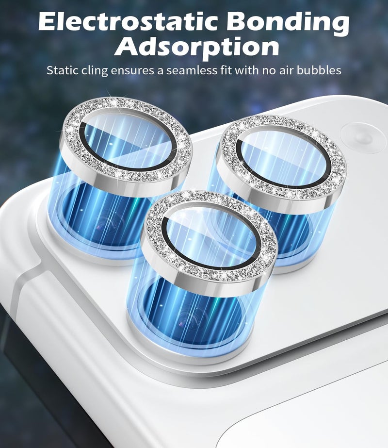 imluckies Camera Lens Protector for iPhone 17 Pro/iPhone 17 Pro Max, AR+AF Tempered Glass & 9H Hardness Shatterproof, HD Clear Metal Sparkle Lens Cover with Installation Tray 2025, Bling Sliver - Image 2