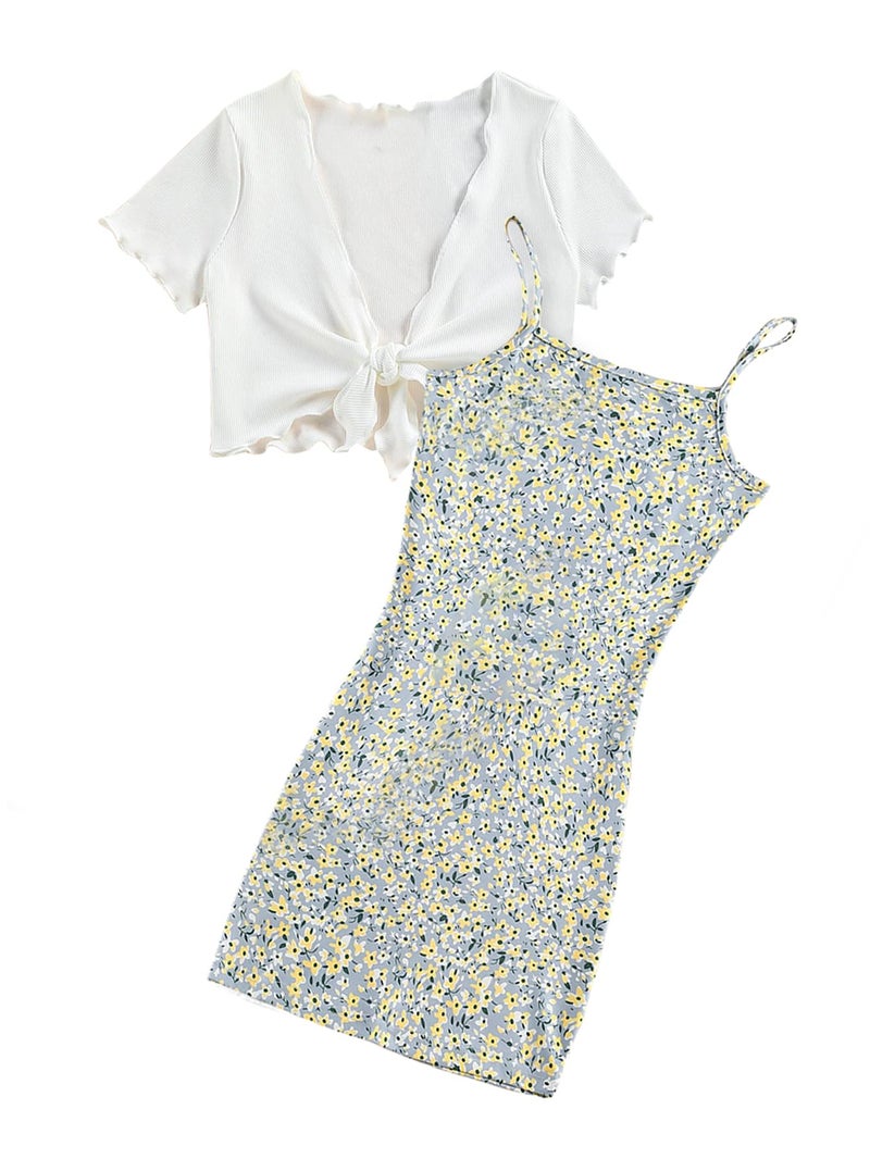 OYOANGLE Girl's 2 Piece Outfits Floral Print Sleeveless Cute Cami Dresses and Short Sleeve Lettuce Trim Tie Front Top Sets Multicolor 11-12Y - Image 1