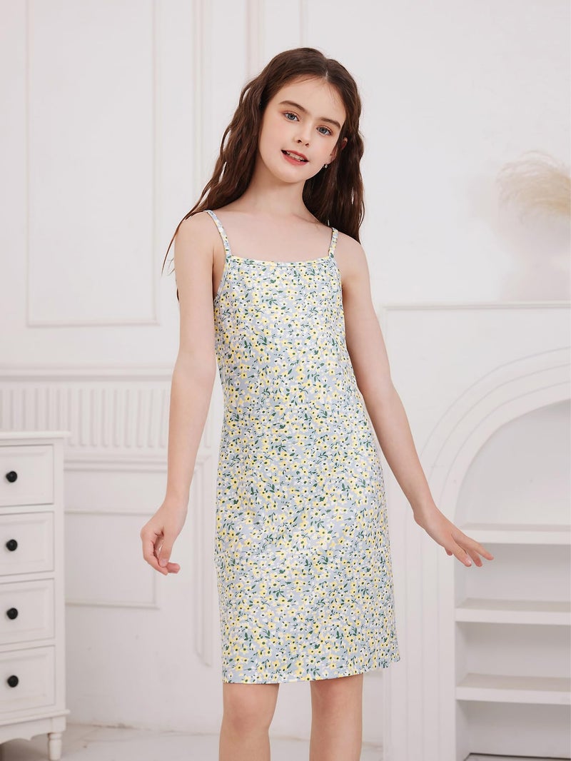 OYOANGLE Girl's 2 Piece Outfits Floral Print Sleeveless Cute Cami Dresses and Short Sleeve Lettuce Trim Tie Front Top Sets Multicolor 11-12Y - Image 4