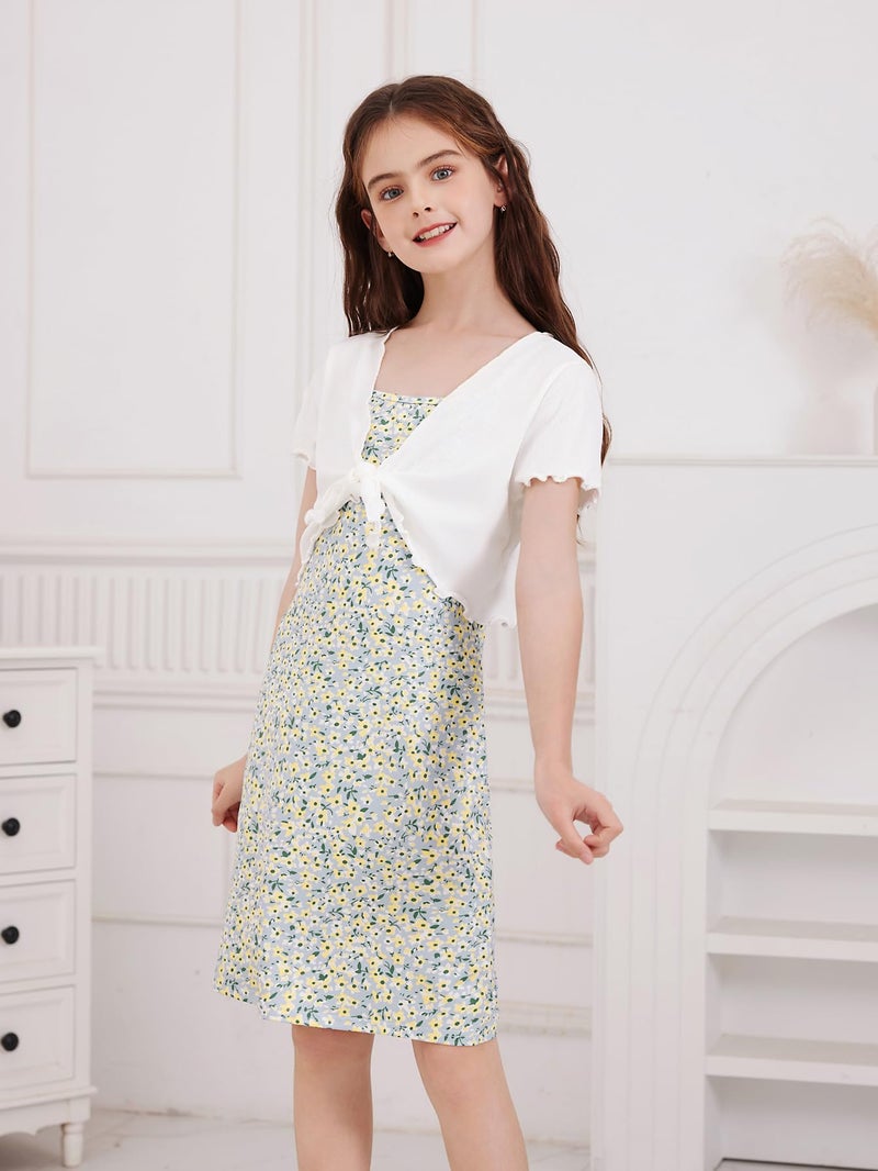 OYOANGLE Girl's 2 Piece Outfits Floral Print Sleeveless Cute Cami Dresses and Short Sleeve Lettuce Trim Tie Front Top Sets Multicolor 11-12Y - Image 3