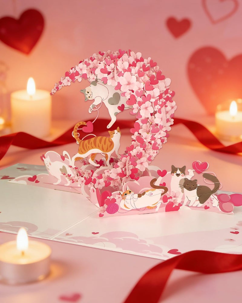 FaCraft Valentines Day Card - Romantic Cats & Cherry Blossom Moon Valentines Day Card, 3D Valentine Card Pop Up for Her, Him, Kids - Handmade 6x8 with Blank Writing Insert, Envelope, Seal - Image 3