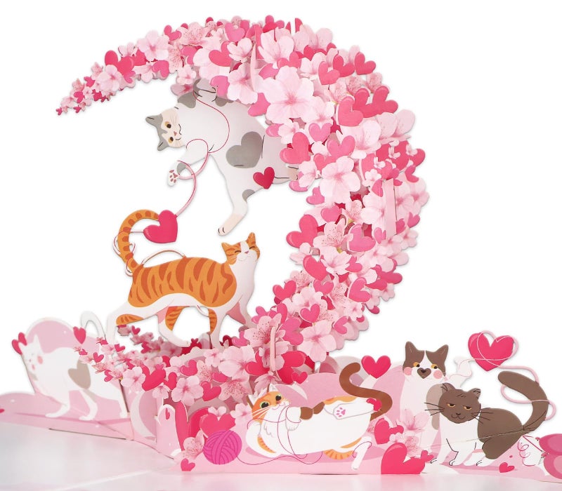 FaCraft Valentines Day Card - Romantic Cats & Cherry Blossom Moon Valentines Day Card, 3D Valentine Card Pop Up for Her, Him, Kids - Handmade 6x8 with Blank Writing Insert, Envelope, Seal - Image 1