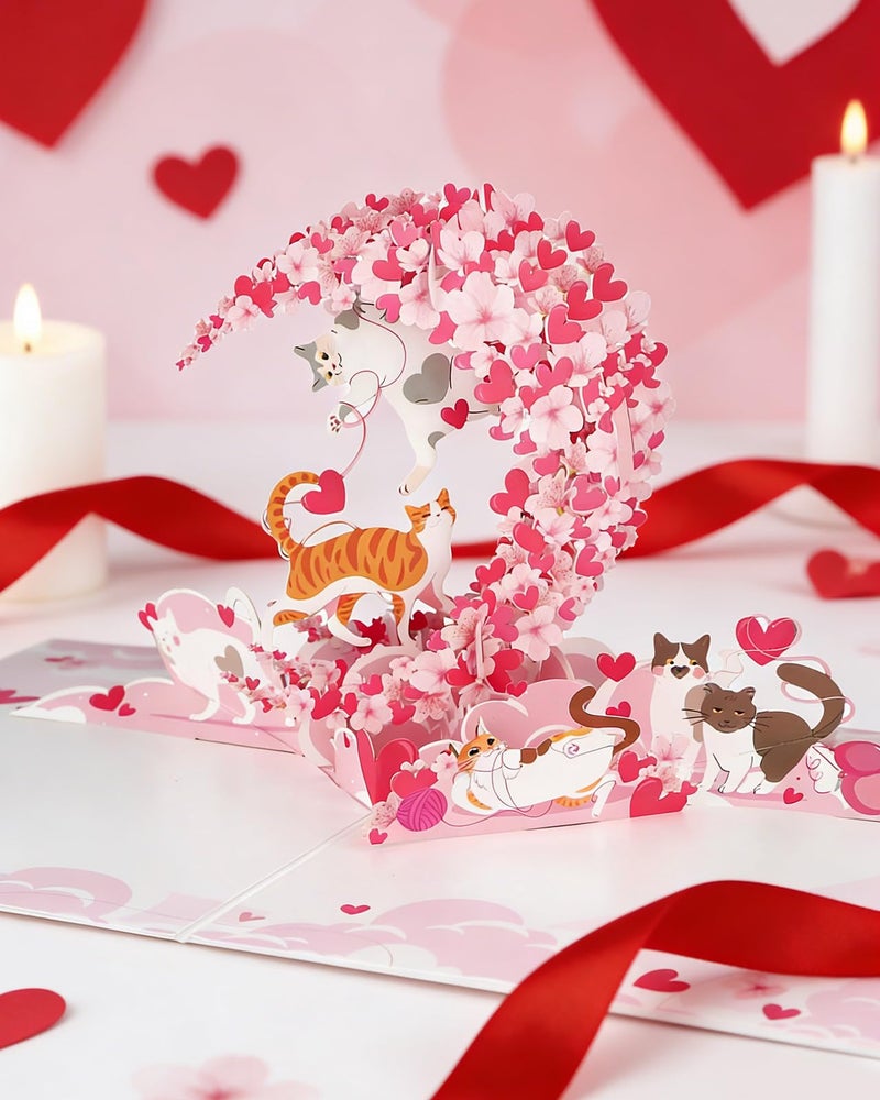 FaCraft Valentines Day Card - Romantic Cats & Cherry Blossom Moon Valentines Day Card, 3D Valentine Card Pop Up for Her, Him, Kids - Handmade 6x8 with Blank Writing Insert, Envelope, Seal - Image 2