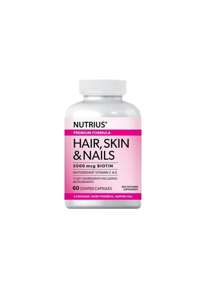 Nutrius Hair, Skin & Nails 5000 mcg Biotin with Antioxidant Vitamin C & E - 60 Coated Capsules - Image 1