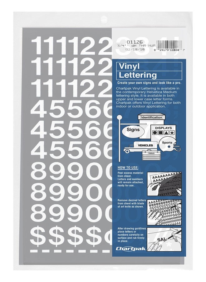 CHARTPAK Self-Adhesive Vinyl Numbers, 3/4 Inch High, White, 72 per Pack (01126) - Image 1